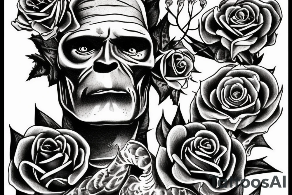 Frankenstein’s monster and roses with thorns and vines and hearts. tattoo idea