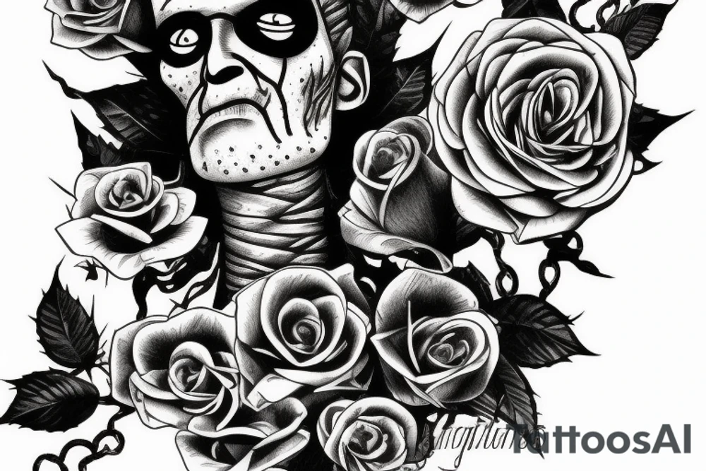 Frankenstein’s monster and roses with thorns and vines and hearts. tattoo idea