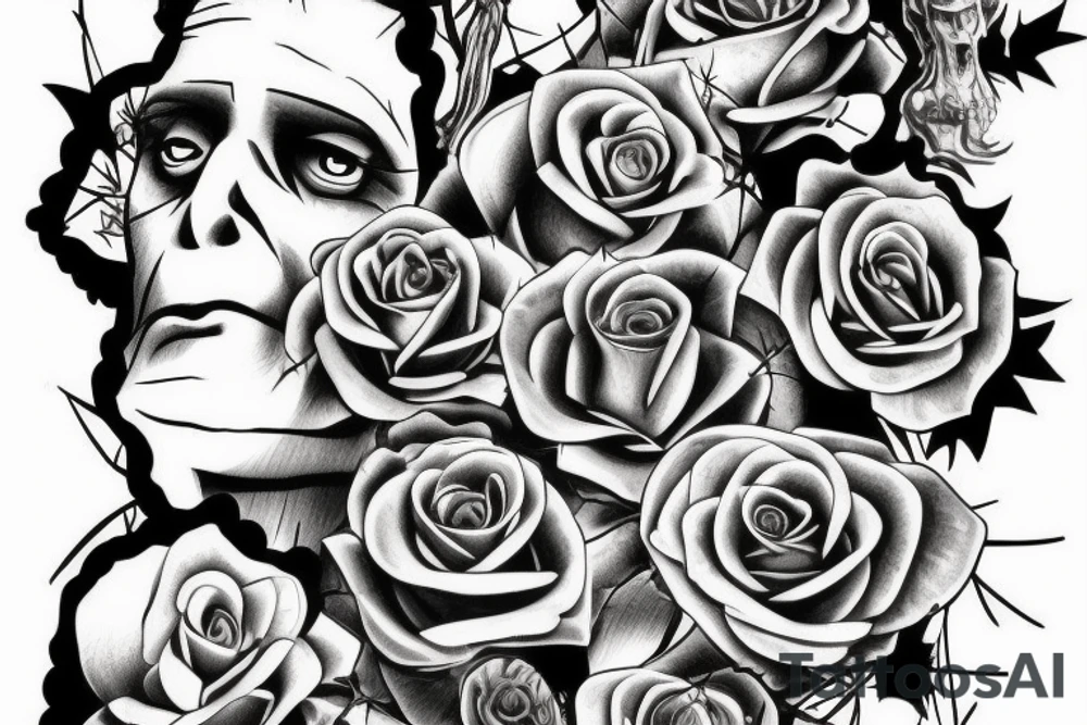 Frankenstein’s monster and roses with thorns and vines and hearts. tattoo idea