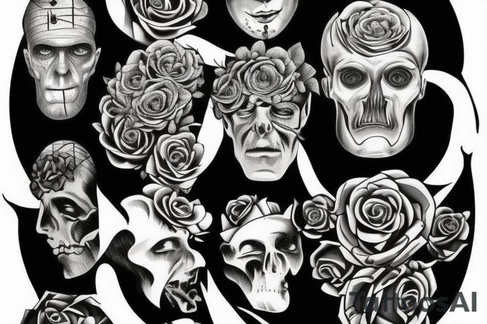 Frankenstein’s monster and roses with thorns and vines and hearts. tattoo idea