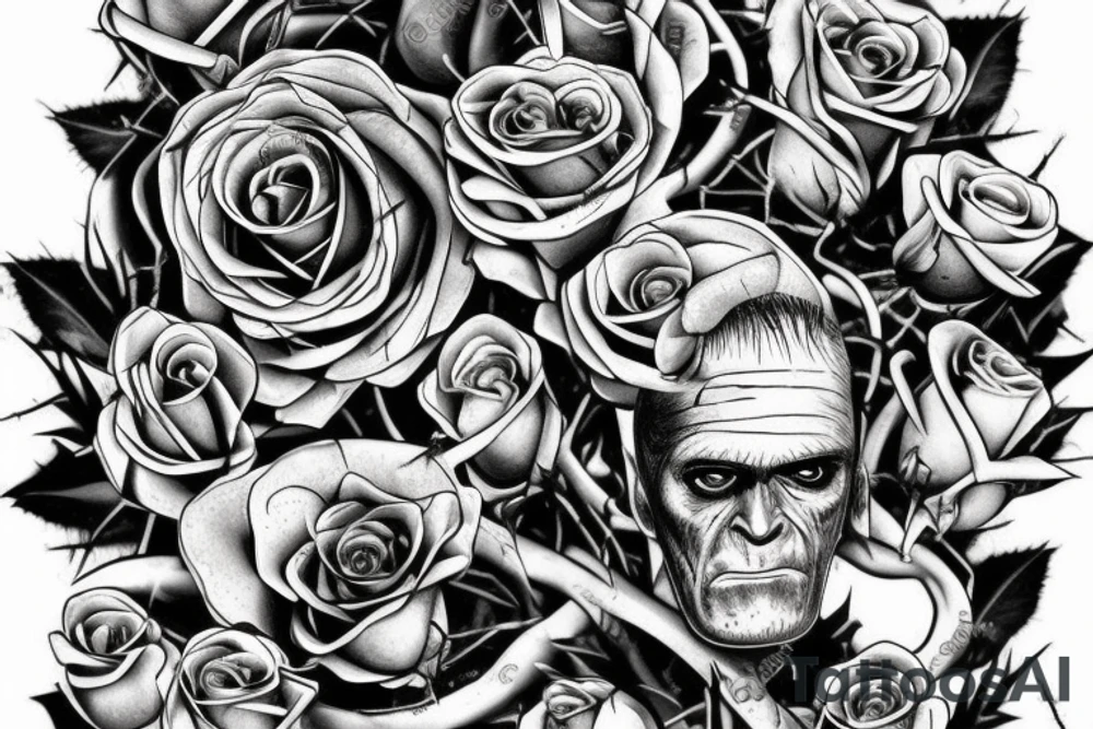Frankenstein’s monster and roses with thorns and vines and hearts. tattoo idea