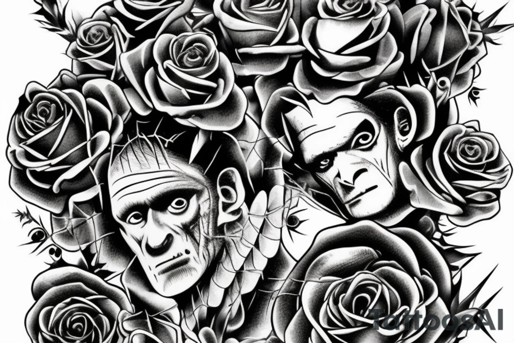 Frankenstein’s monster and roses with thorns and vines and hearts. tattoo idea