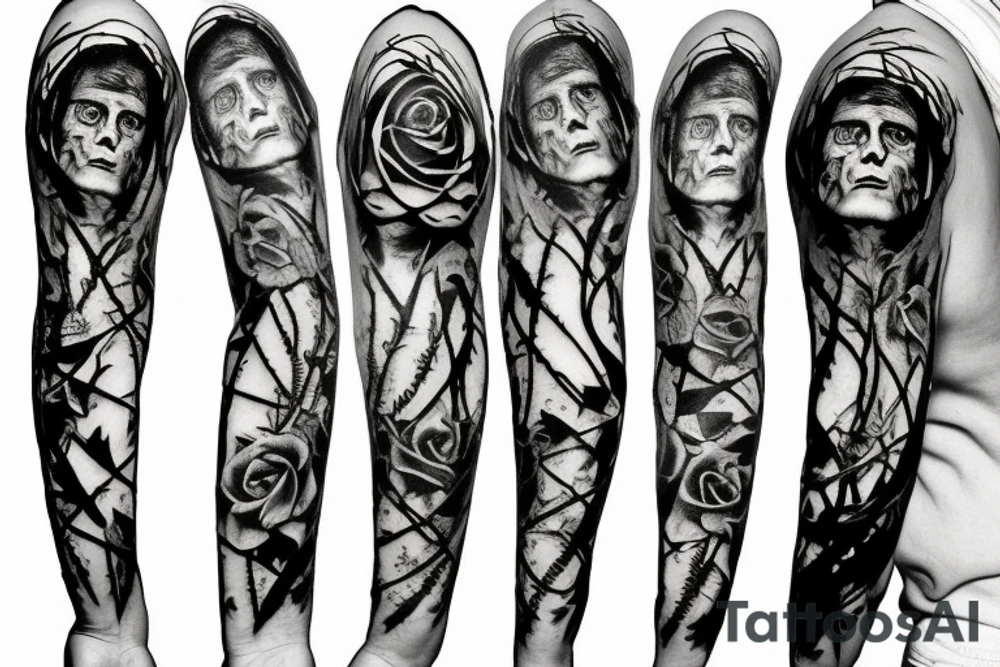 Frankenstein’s monster and roses with thorns and vines and hearts. tattoo idea