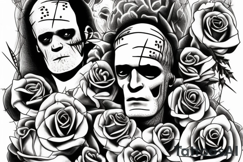 Frankenstein’s monster and roses with thorns and vines and hearts. tattoo idea