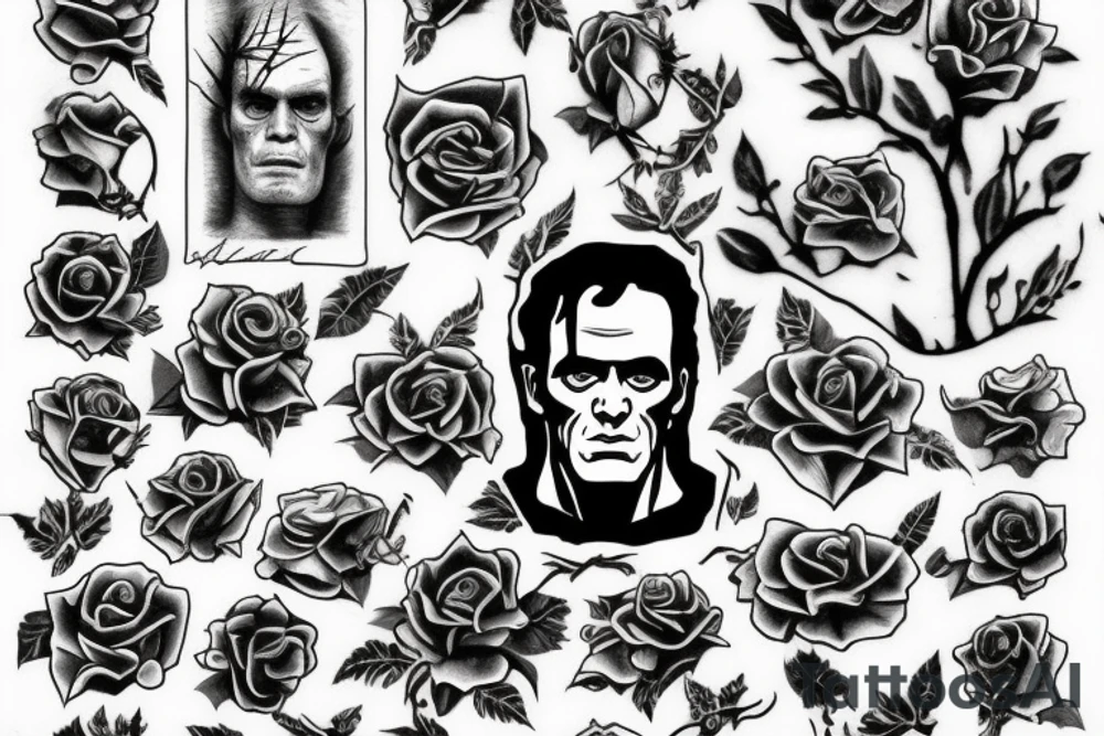 Frankenstein’s monster and roses with thorns and vines and hearts. tattoo idea