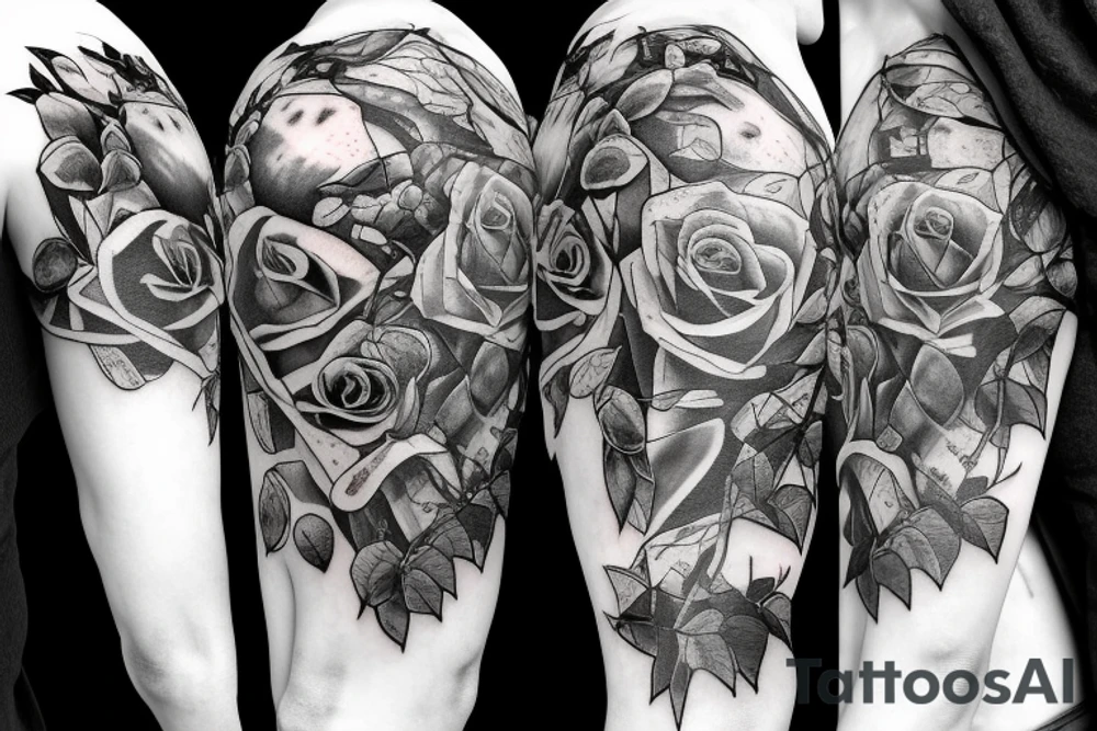 Frankenstein’s monster and roses with thorns and vines and hearts. tattoo idea