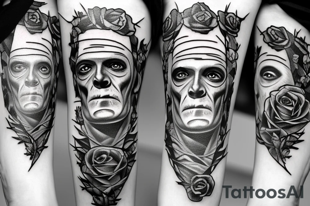 Frankenstein’s monster and roses with thorns and vines and hearts. tattoo idea