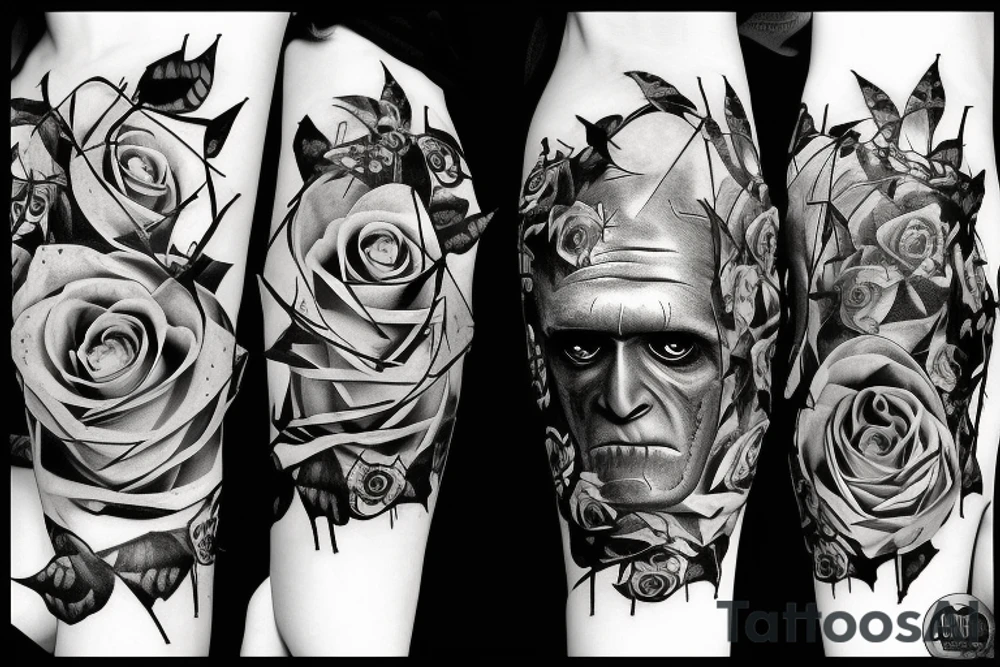 Frankenstein’s monster and roses with thorns and vines and hearts. tattoo idea