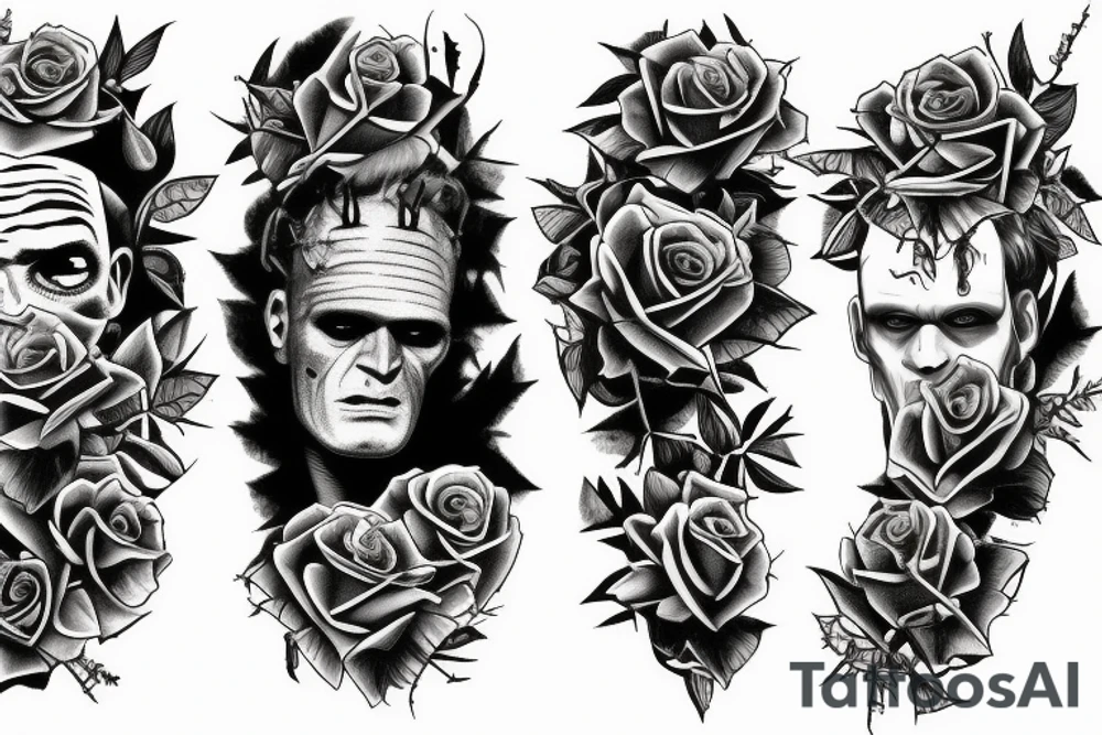 Frankenstein’s monster and roses with thorns and vines and hearts. tattoo idea