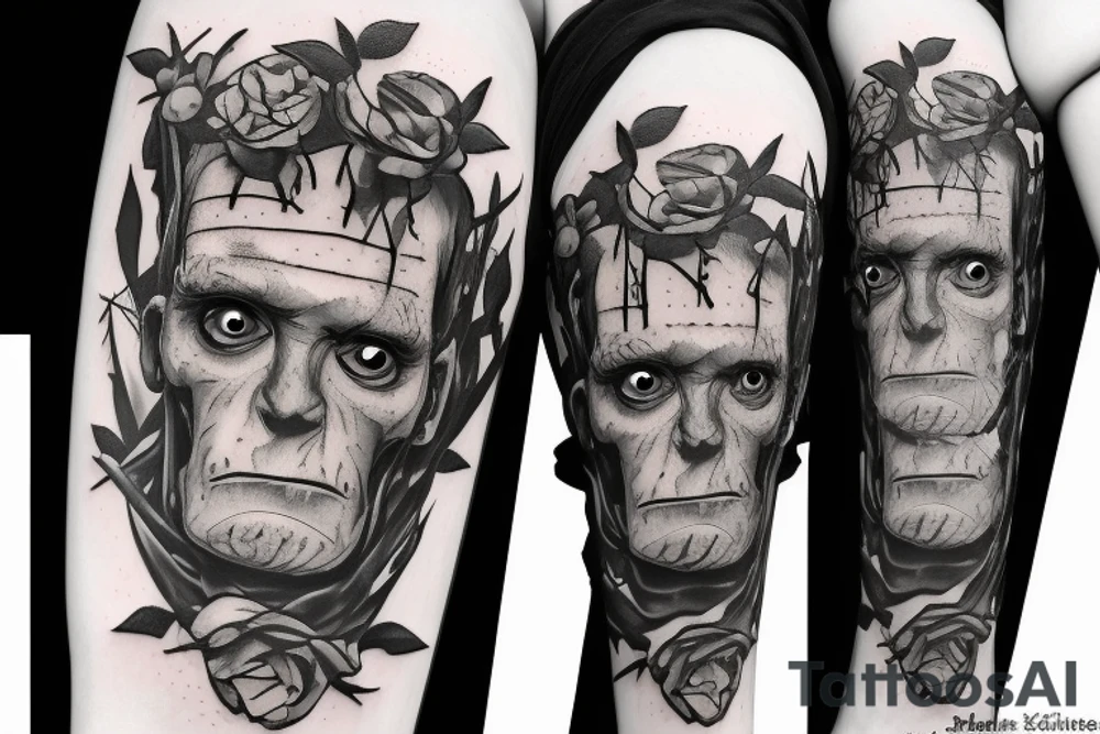 Frankenstein’s monster and roses with thorns and vines and hearts. tattoo idea