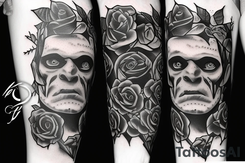 Frankenstein’s monster and roses with thorns and vines and hearts. tattoo idea