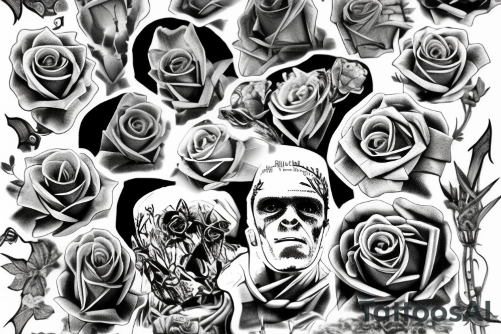 Frankenstein’s monster and roses with thorns and vines and hearts. tattoo idea