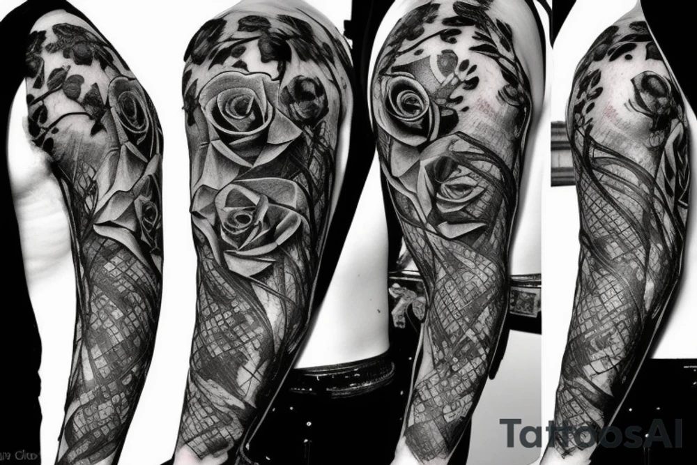 Frankenstein’s monster and roses with thorns and vines and hearts. tattoo idea