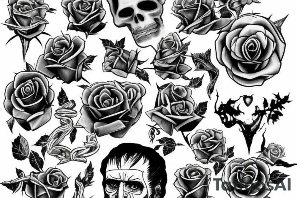 Frankenstein’s monster and roses with thorns and vines and hearts. tattoo idea