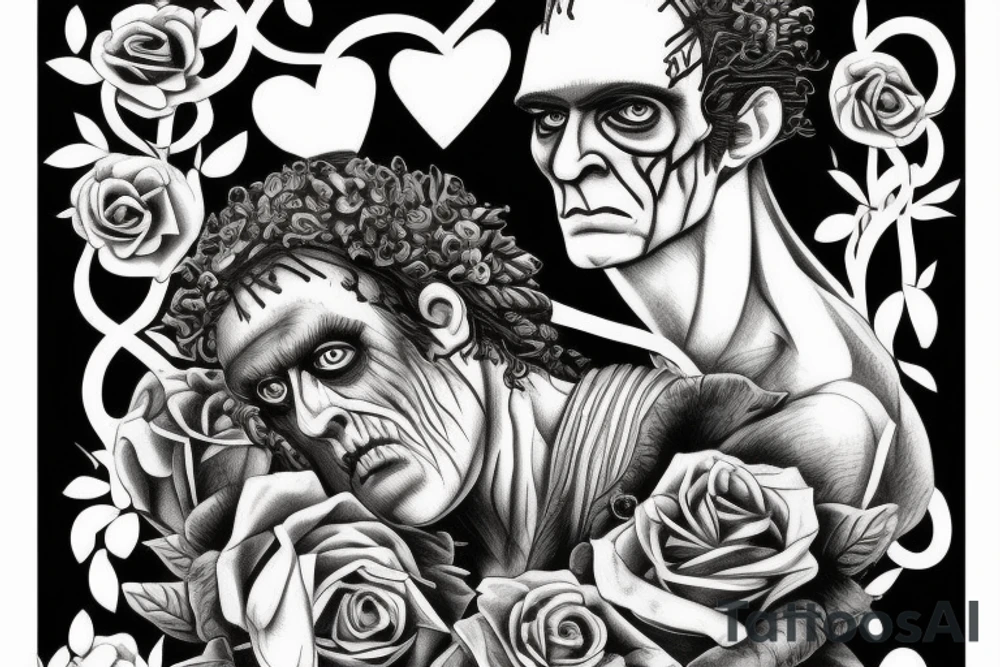 Frankenstein’s monster and roses with thorns and vines and hearts. tattoo idea