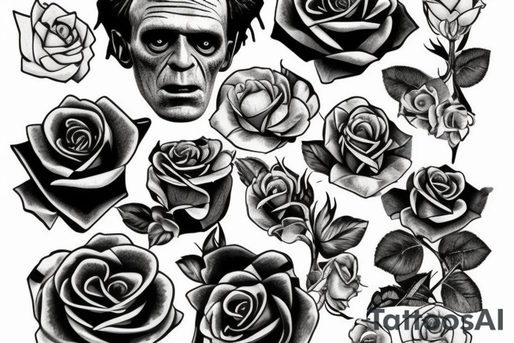Frankenstein’s monster and roses with thorns and vines and hearts. tattoo idea
