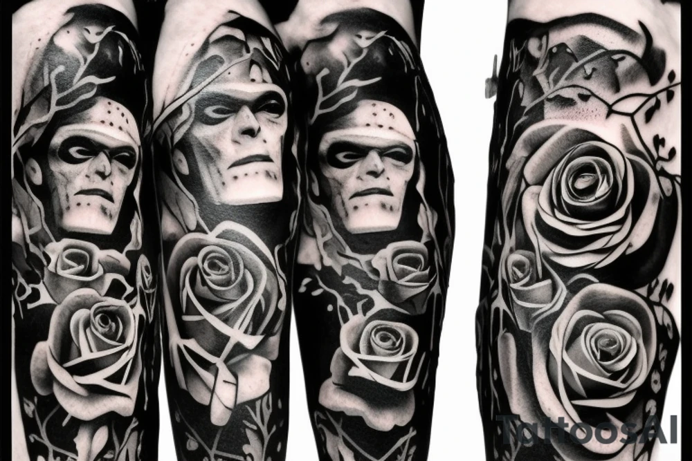 Frankenstein’s monster and roses with thorns and vines and hearts. tattoo idea