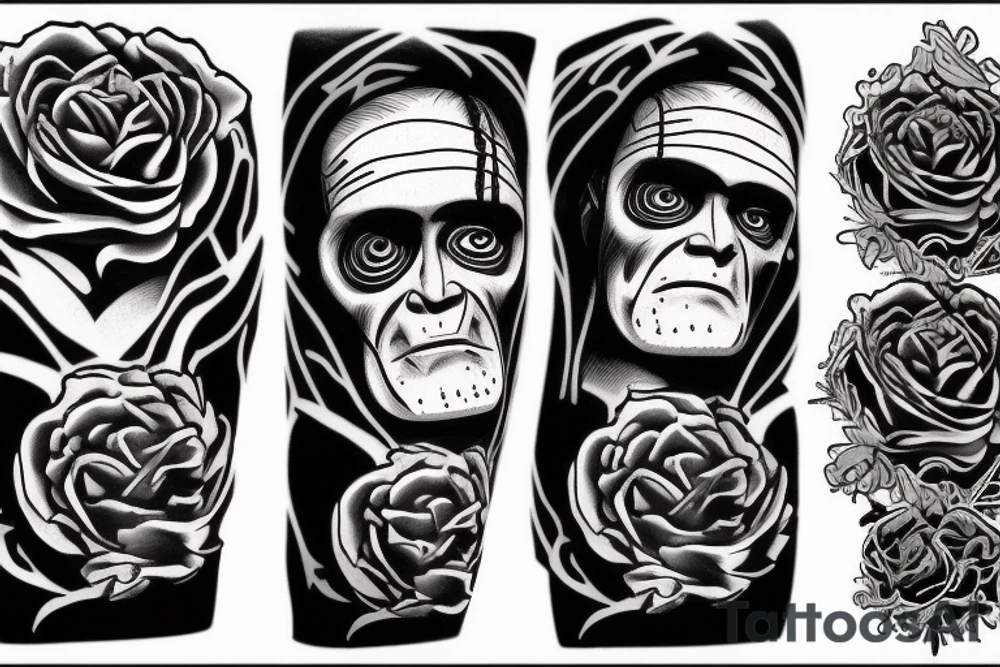 Frankenstein’s monster and roses with thorns and vines and hearts. tattoo idea