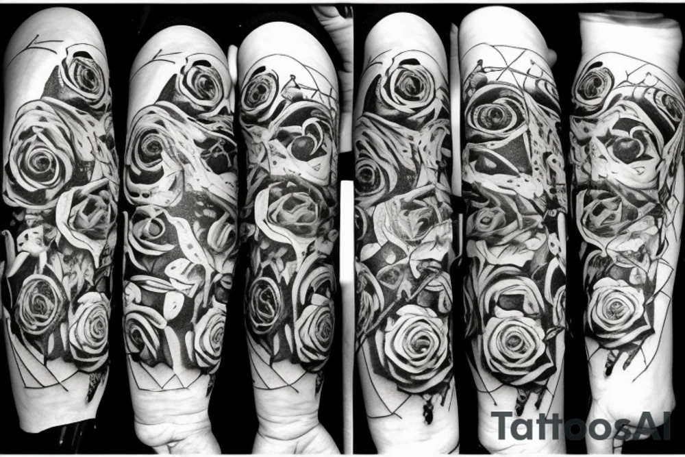 Frankenstein’s monster and roses with thorns and vines and hearts. tattoo idea