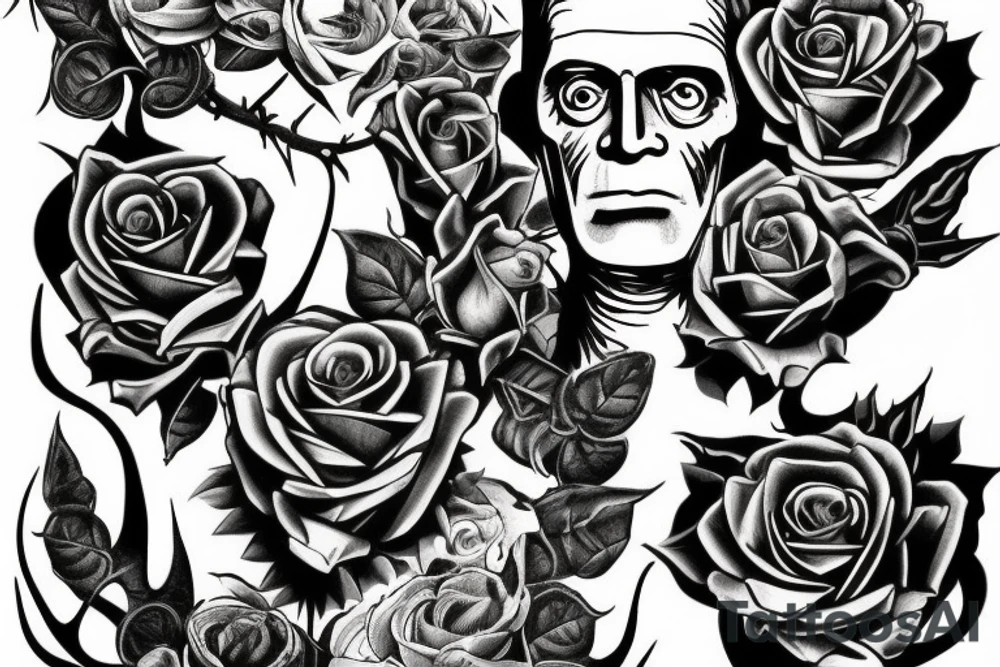 Frankenstein’s monster and roses with thorns and vines and hearts. tattoo idea