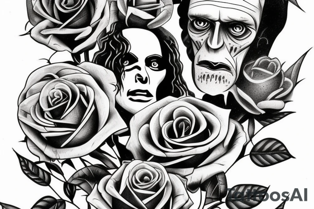 Frankenstein’s monster and roses with thorns and vines and hearts. tattoo idea