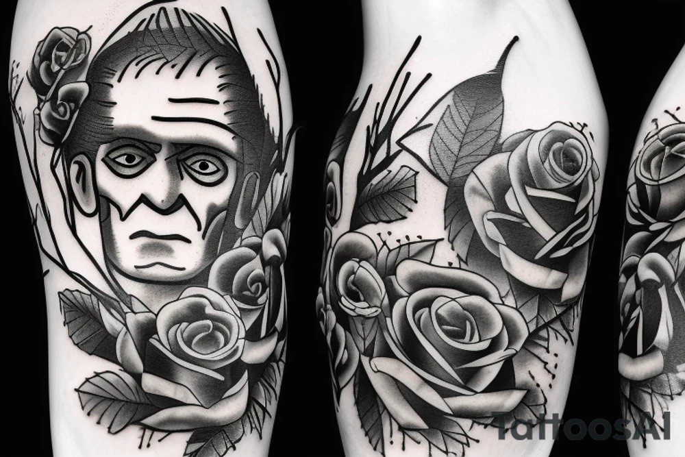 Frankenstein’s monster and roses with thorns and vines and hearts. tattoo idea