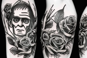 Frankenstein’s monster and roses with thorns and vines and hearts. tattoo idea