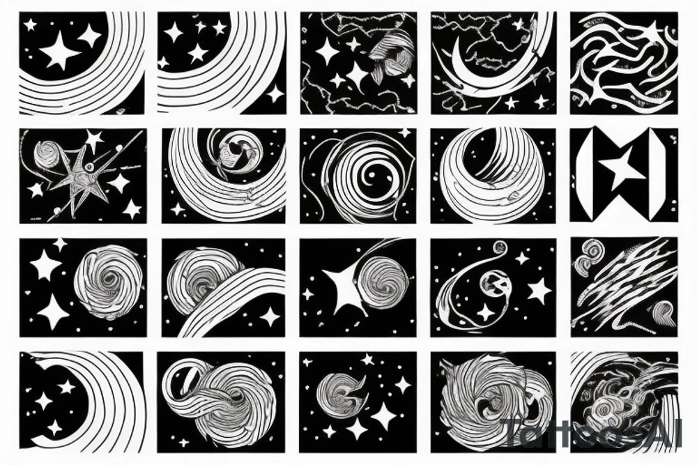 Night sky long curvy star track to hell tattoo idea