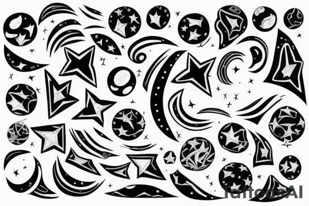 Night sky long curvy star track to hell tattoo idea