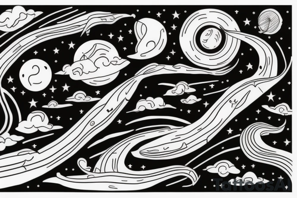 Night sky long curvy star track to hell tattoo idea