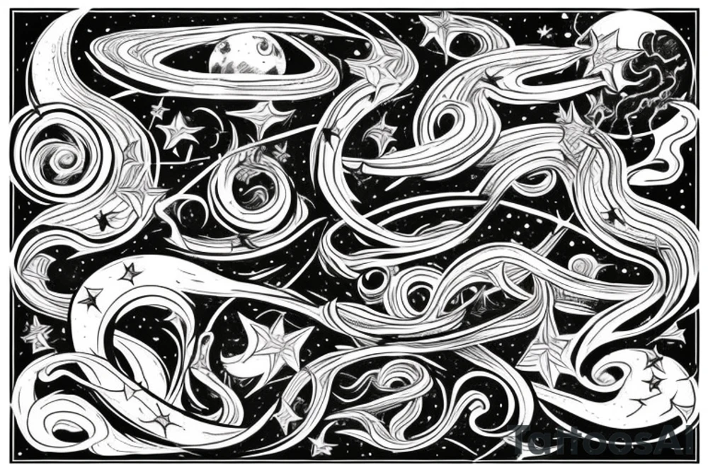 Night sky long curvy star track to hell tattoo idea