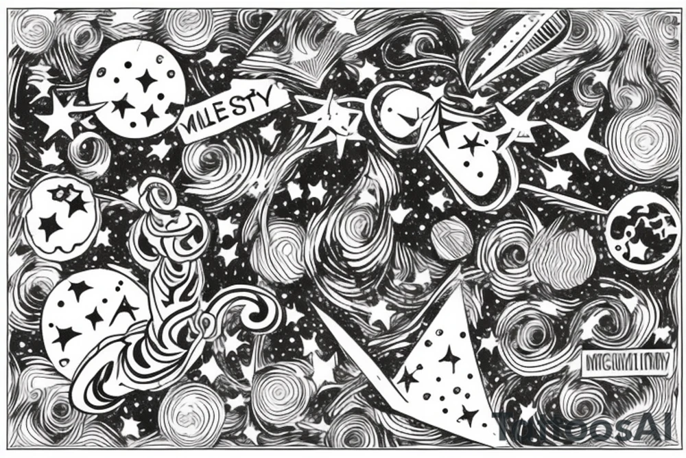 Milky way with multiple stars shown in perspective and drawn in thin pencil lines tattoo idea