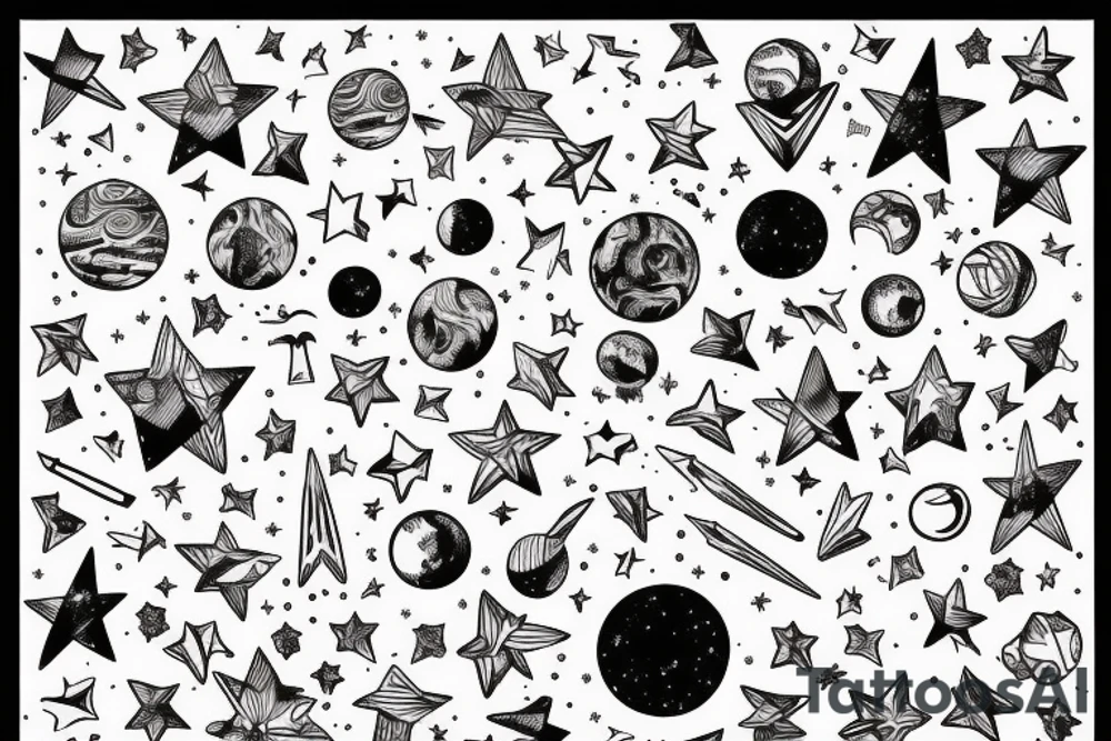 Milky way with multiple stars shown in perspective and drawn in thin pencil lines tattoo idea