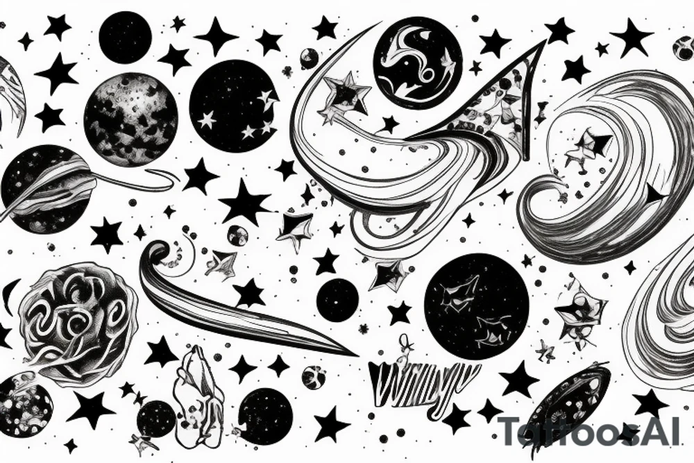 Milky way with multiple stars shown in perspective and drawn in thin pencil lines tattoo idea