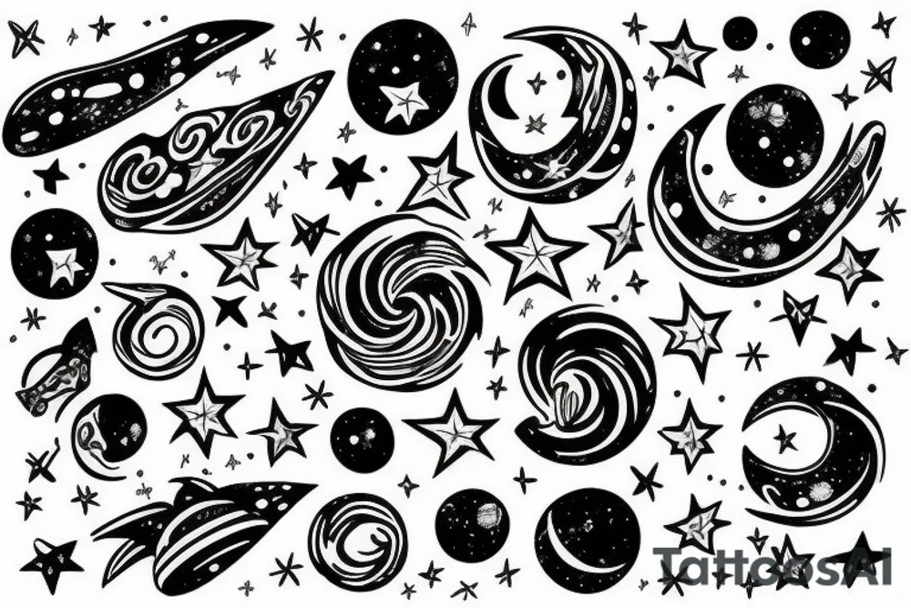 Milky way with multiple stars shown in perspective and drawn in thin pencil lines tattoo idea