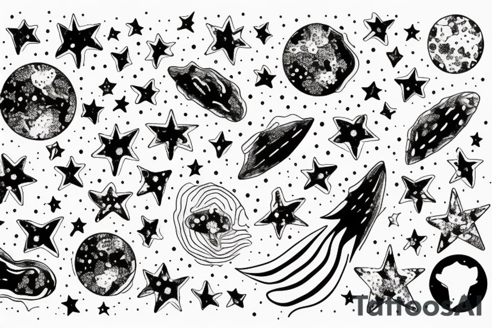 Milky way with multiple stars shown in perspective and drawn in thin pencil lines tattoo idea