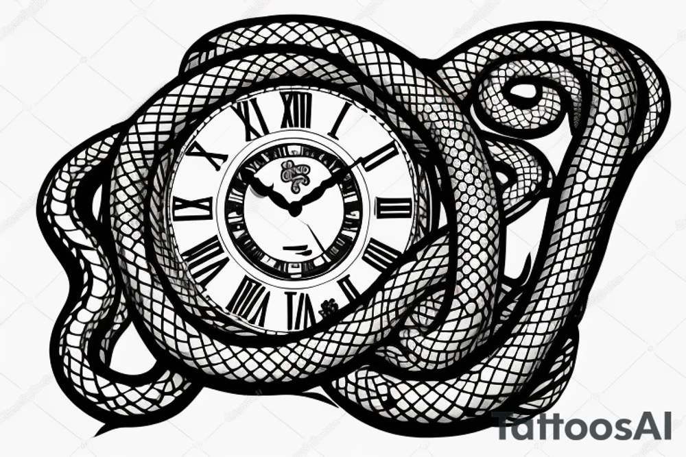 A clock with an snake eating its tail as the outside and the hands symbolising suffering and adaptation tattoo idea