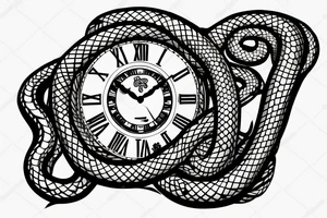A clock with an snake eating its tail as the outside and the hands symbolising suffering and adaptation tattoo idea