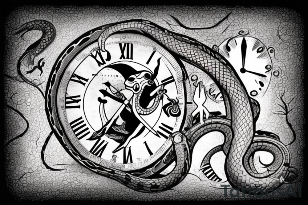 A clock with an snake eating its tail as the outside and the hands symbolising suffering and adaptation tattoo idea