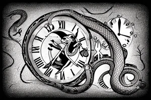 A clock with an snake eating its tail as the outside and the hands symbolising suffering and adaptation tattoo idea