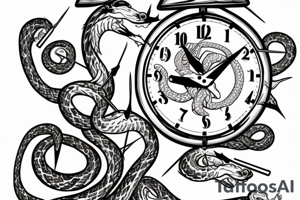 A clock with an snake eating its tail as the outside, the minute hand as a tuning fork and hour hand as twisted thorns tattoo idea