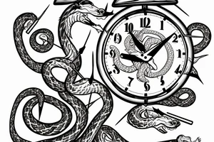 A clock with an snake eating its tail as the outside, the minute hand as a tuning fork and hour hand as twisted thorns tattoo idea