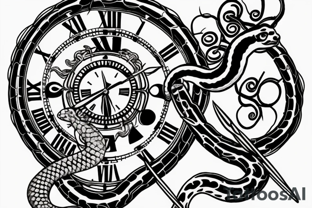 A clock with an snake eating its tail as the outside, the minute hand as a tuning fork and hour hand as twisted thorns tattoo idea