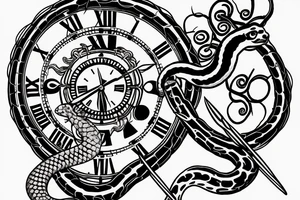 A clock with an snake eating its tail as the outside, the minute hand as a tuning fork and hour hand as twisted thorns tattoo idea
