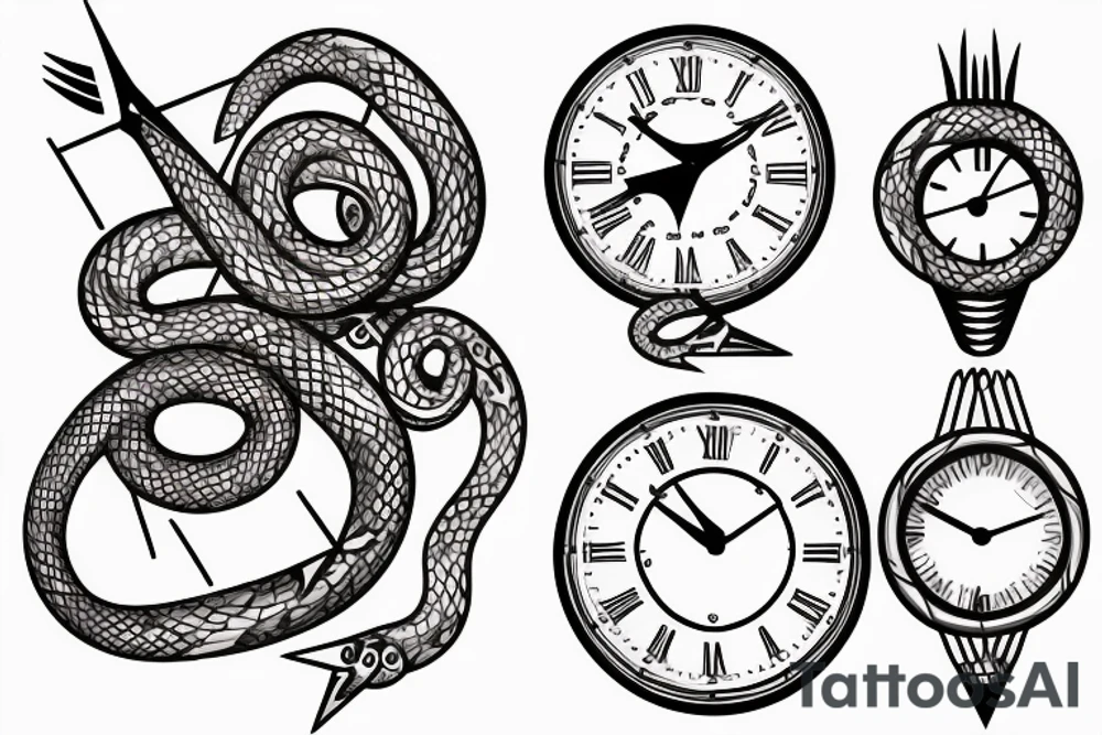 A clock with an snake eating its tail as the outside, the minute hand as a tuning fork and hour hand as twisted thorns tattoo idea