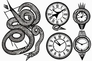 A clock with an snake eating its tail as the outside, the minute hand as a tuning fork and hour hand as twisted thorns tattoo idea