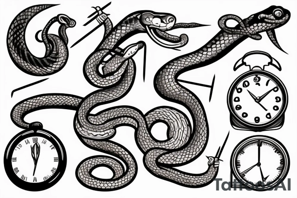 A clock with an snake eating its tail as the outside, the minute hand as a tuning fork and hour hand as twisted thorns tattoo idea