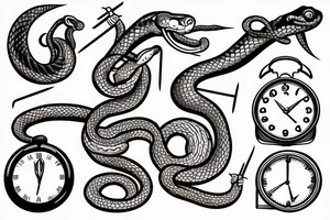 A clock with an snake eating its tail as the outside, the minute hand as a tuning fork and hour hand as twisted thorns tattoo idea