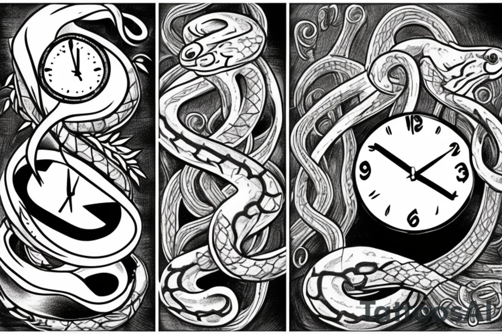 A clock with an snake eating its tail as the outside, the minute hand as a tuning fork and hour hand as twisted thorns tattoo idea