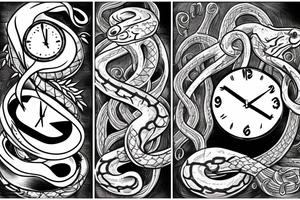 A clock with an snake eating its tail as the outside, the minute hand as a tuning fork and hour hand as twisted thorns tattoo idea